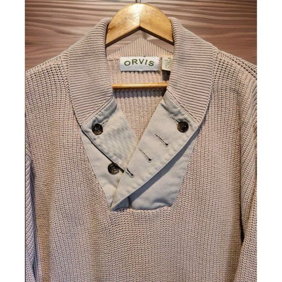 Mens Vtg Orvis Beige Shawl Collar Sweater Elbow Patch Buttons Sz XL - Picture 2 of 6